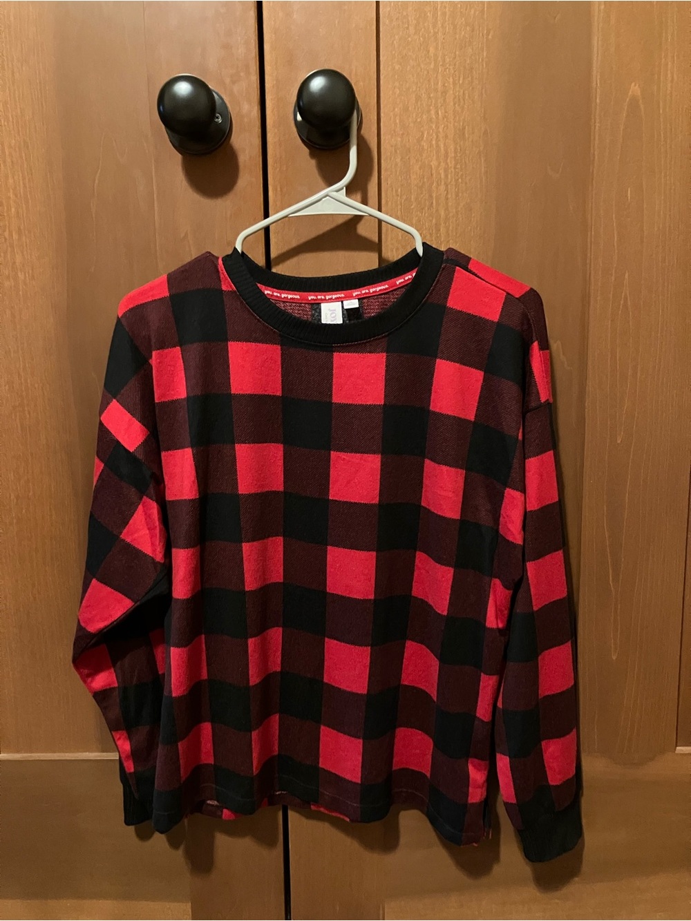 Women’s Red and Black Buffalo Plaid Matching Long-Sleeve Top/Bottom Pajamas OBO